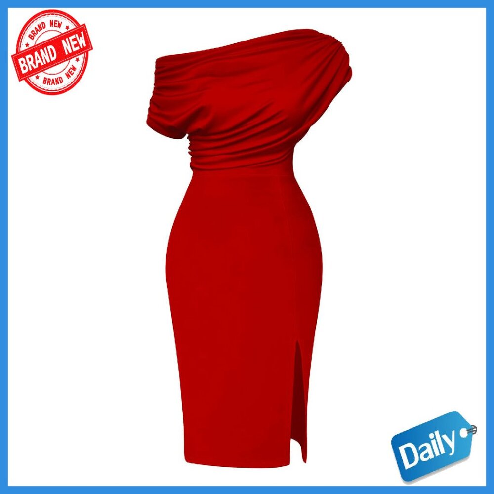 Off Shoulder Ruched Bodycon Midi Dress, Polyester Spandex, Size S-Xxl